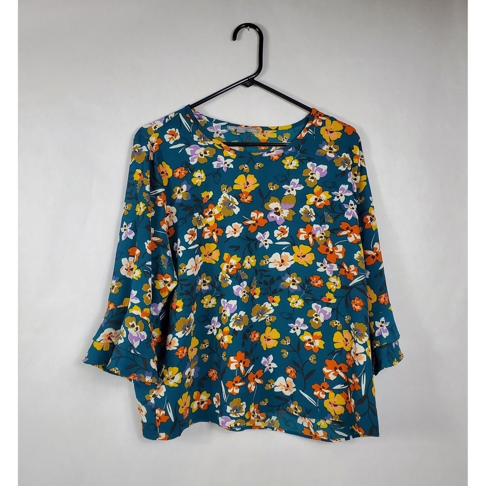 Valerie Stevens Womens XL Teal Floral Ruffle 3/4 Sleeve Blouse Crew Neck Top